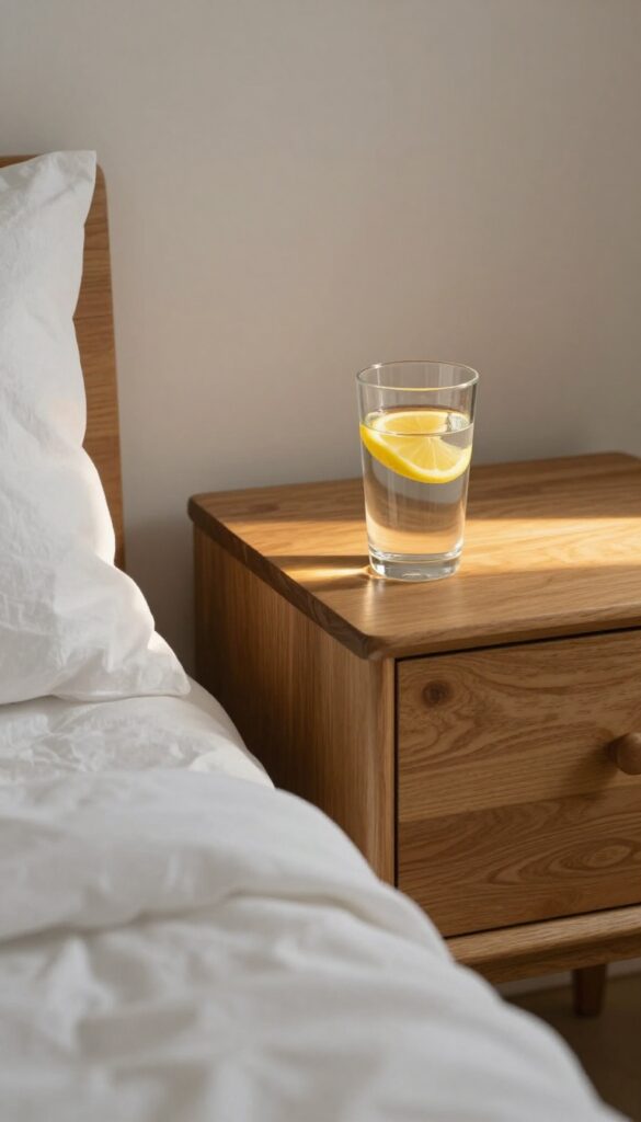 A glass of water with lemon on a nightstand in soft morning light, representing the first self-care habit of the day.