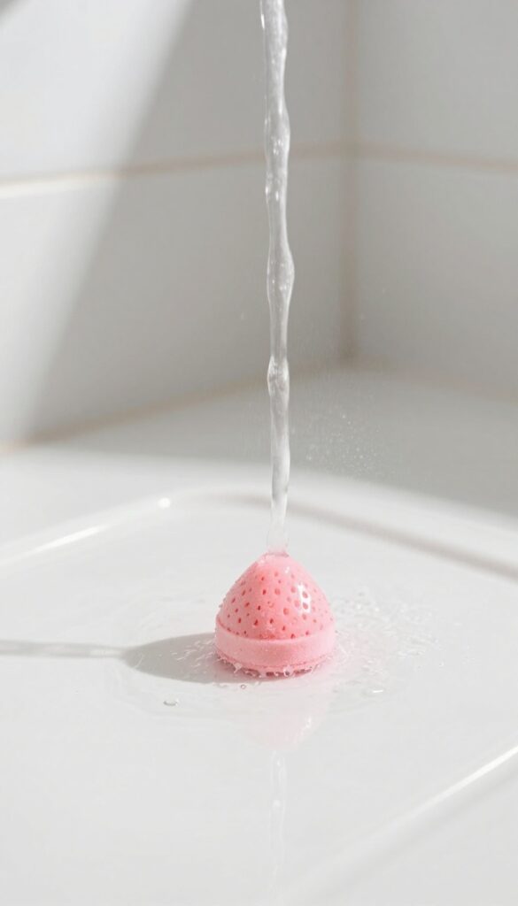 Strawberry shower steamer tablet fizzing on shower floor