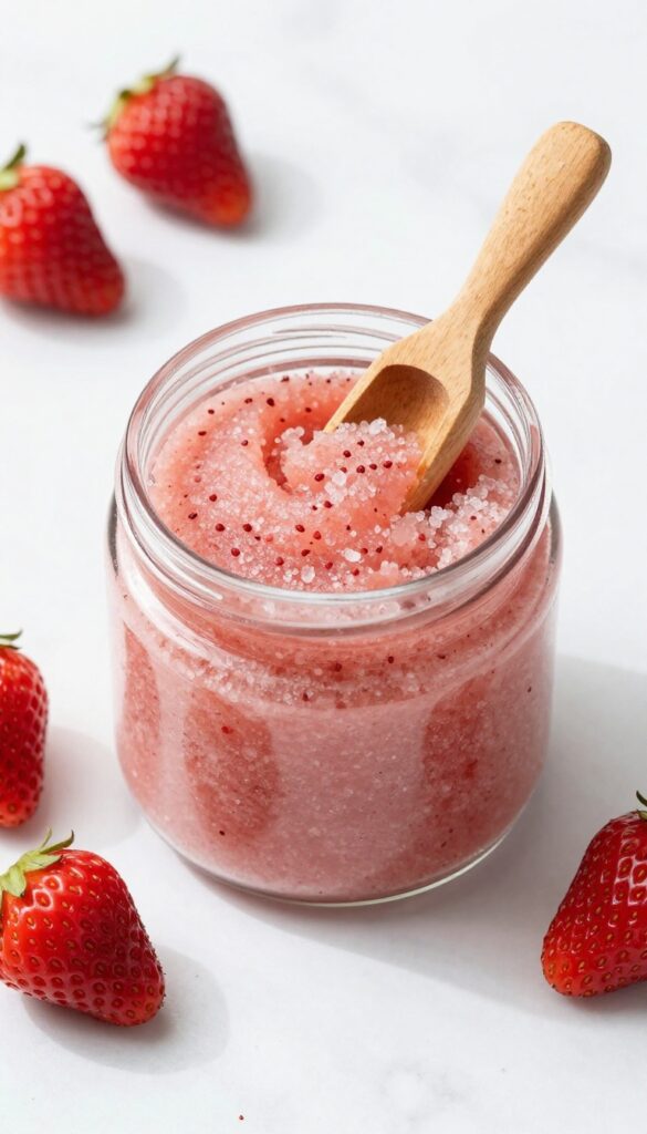 Strawberry sugar body scrub in a glass jar on marble surface with fresh strawberries