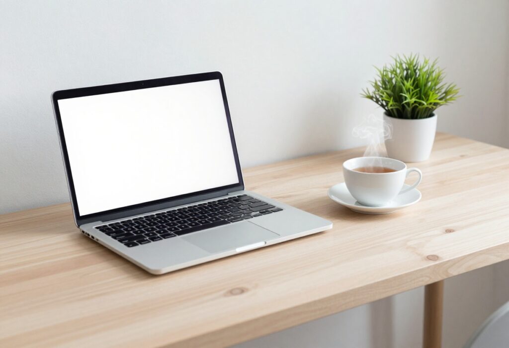 A peaceful desk setup with a laptop, tea, and plant, representing self-care during a work week.