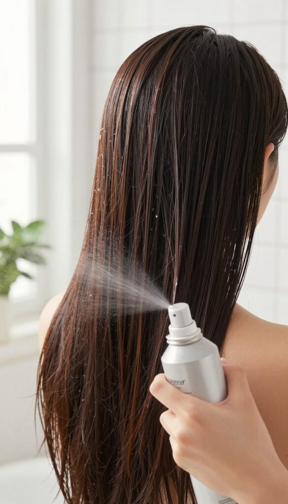 Woman spraying heat protectant on damp, shiny hair in bright bathroom with natural light