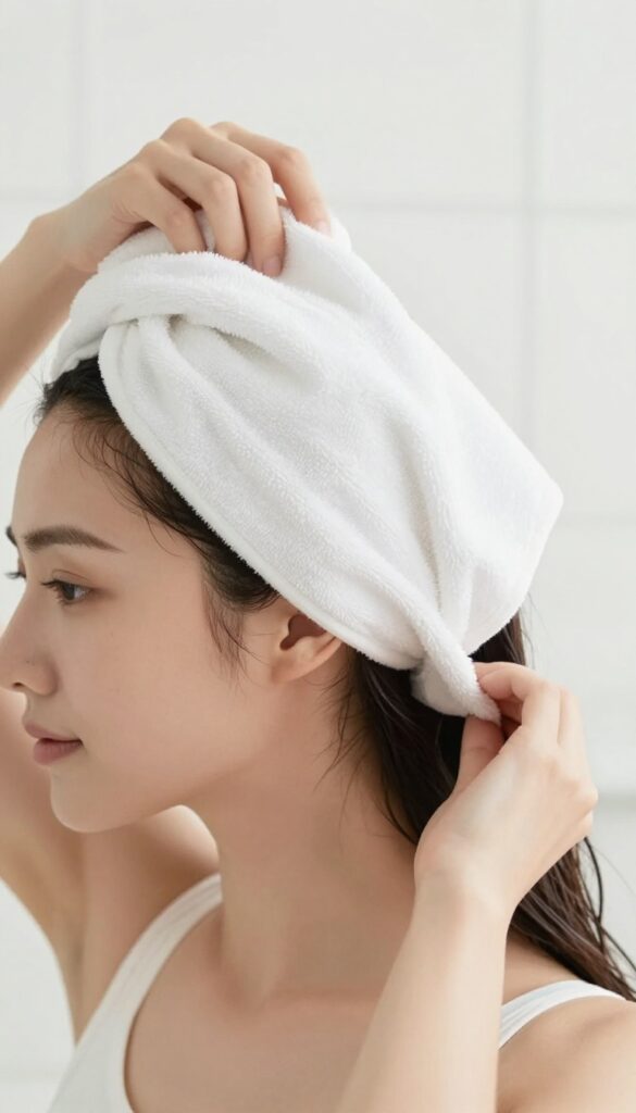 Woman wrapping wet hair in a microfiber turban in bright bathroom