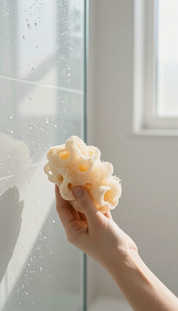 Person holding a loofah and exfoliating mitt in a bright shower