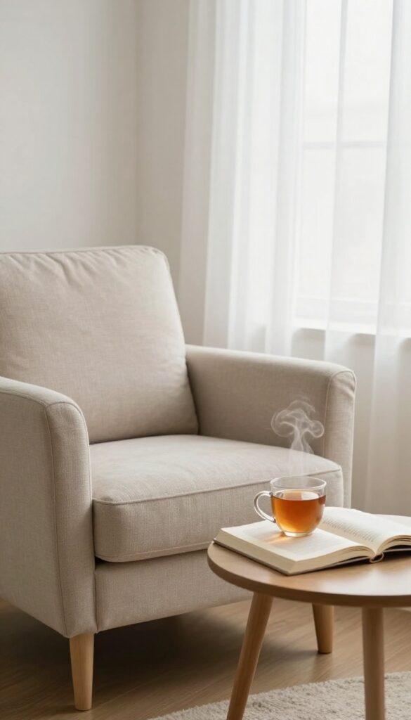 A cozy screen-free corner with a book and tea, representing a digital detox.