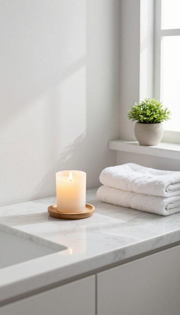 Soft lighting in a bathroom with LED candle and salt lamp creating a calm atmosphere for a relaxing shower routine.