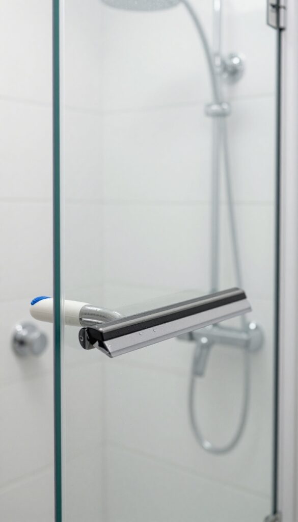 Clean glass shower door with a squeegee resting on the edge