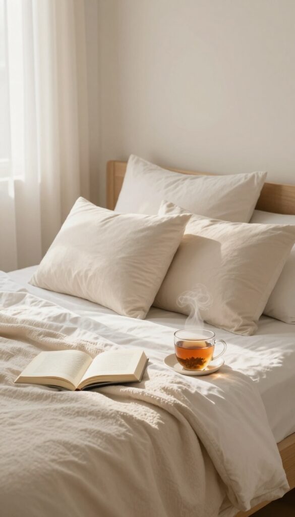 Cozy bedroom with soft lighting and a book on the nightstand, inviting early bedtime for restful sleep.
