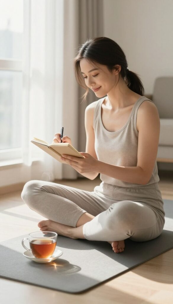 Woman writing daily intention in notebook during morning routine