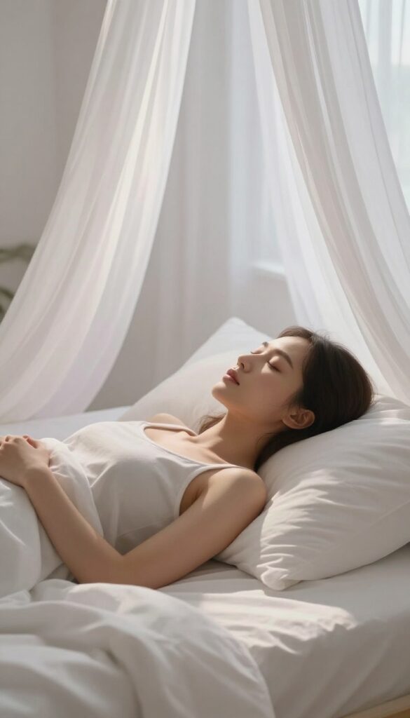 Woman practicing deep breathing in bed for relaxation