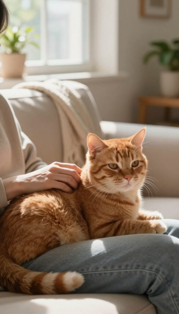 Person petting a cat on a sofa in a sunlit living room, relaxing and unwinding.