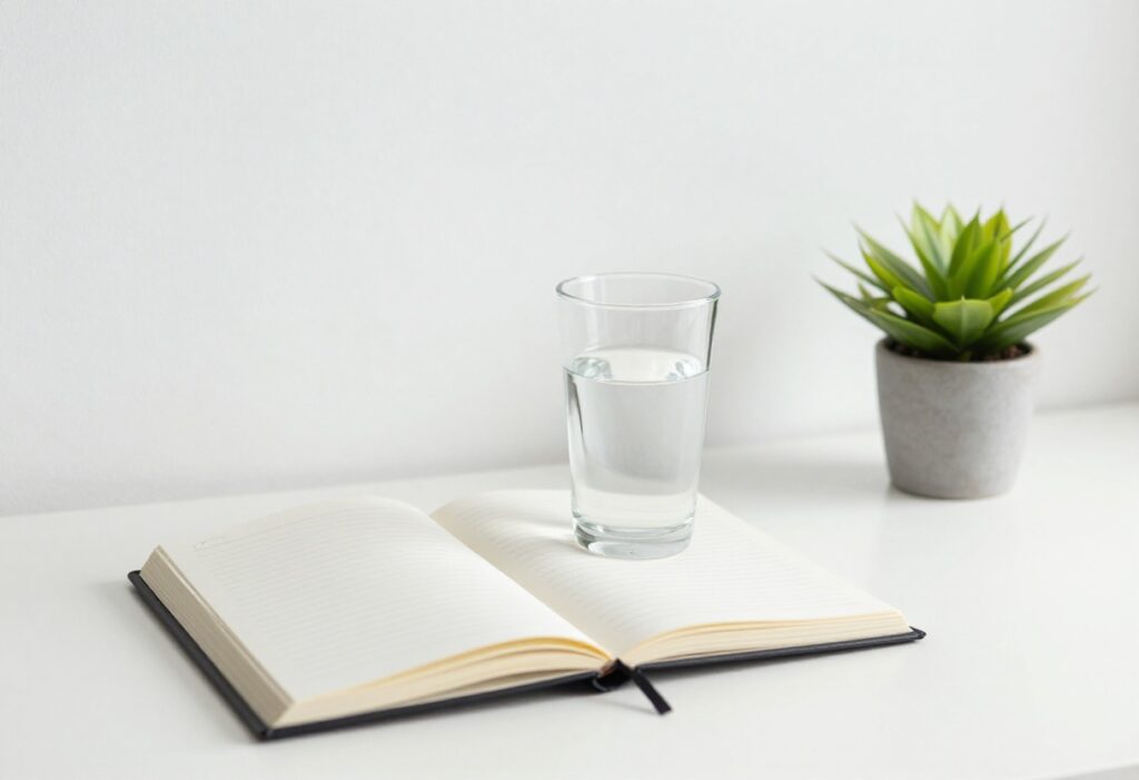 Calm workspace with journal, water, and plant for self-care routine