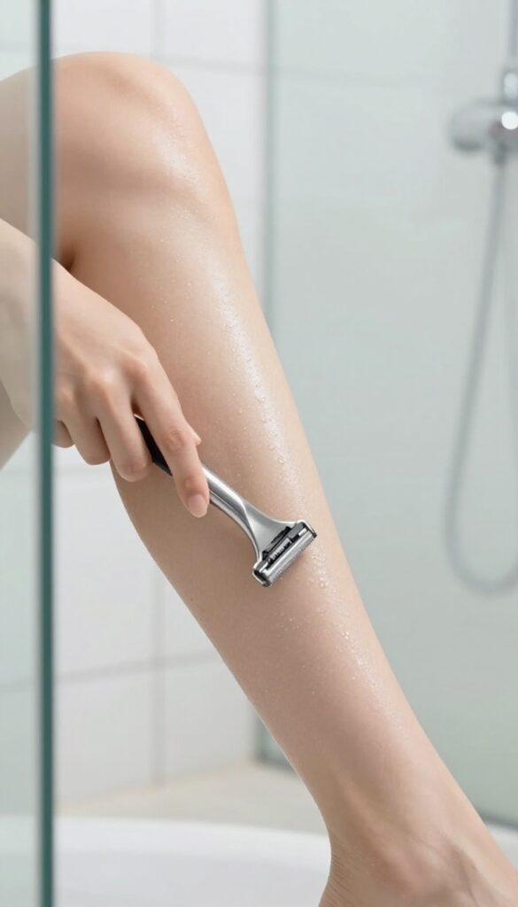 Woman shaving her leg in the shower with the grain, clean and fresh bathroom setting