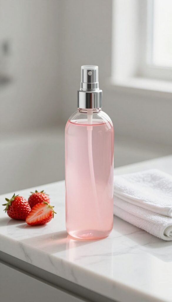 Strawberry room spray bottle on marble counter with fresh strawberries and towel