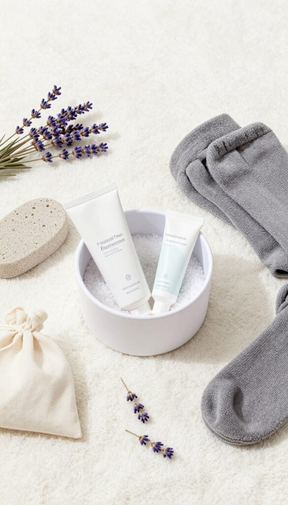 Pamper your feet gift basket with foot spa, pumice stone, foot cream, grippy socks, and Epsom salt on a white rug.