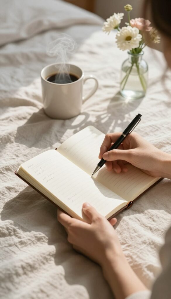 Woman writing in gratitude journal in bed with morning coffee and flowers