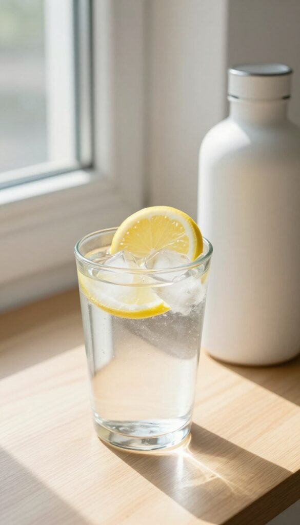 Glass of water with lemon on nightstand in morning light