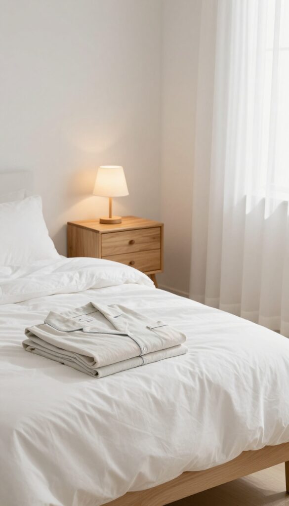Cozy breathable cotton pajamas neatly folded on a bed with soft lighting and a peaceful bedroom atmosphere.