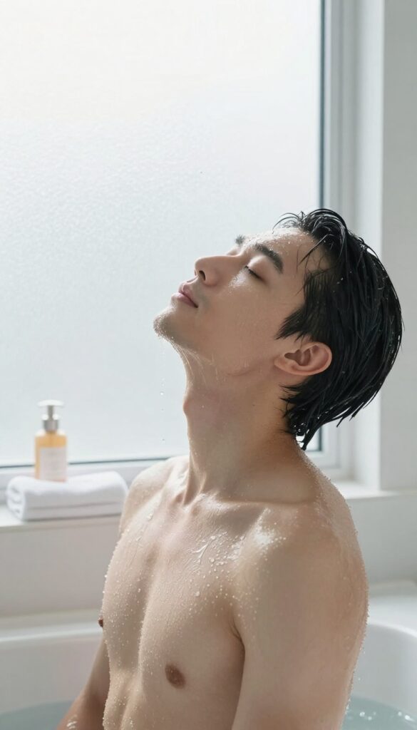 Person enjoying a quick midday rinse under a warm shower in a bright, clean bathroom