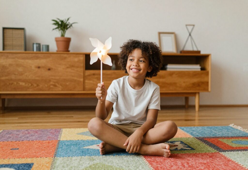 Child holding a pinwheel while practicing mindful breathing on a colorful rug