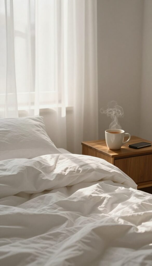 Morning sunlight streaming into a cozy bedroom with a steaming mug of tea on a bedside table