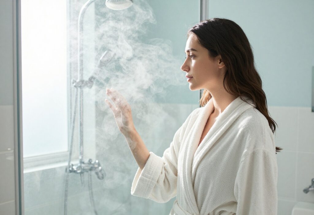 Woman in robe near steamy shower for period comfort routine