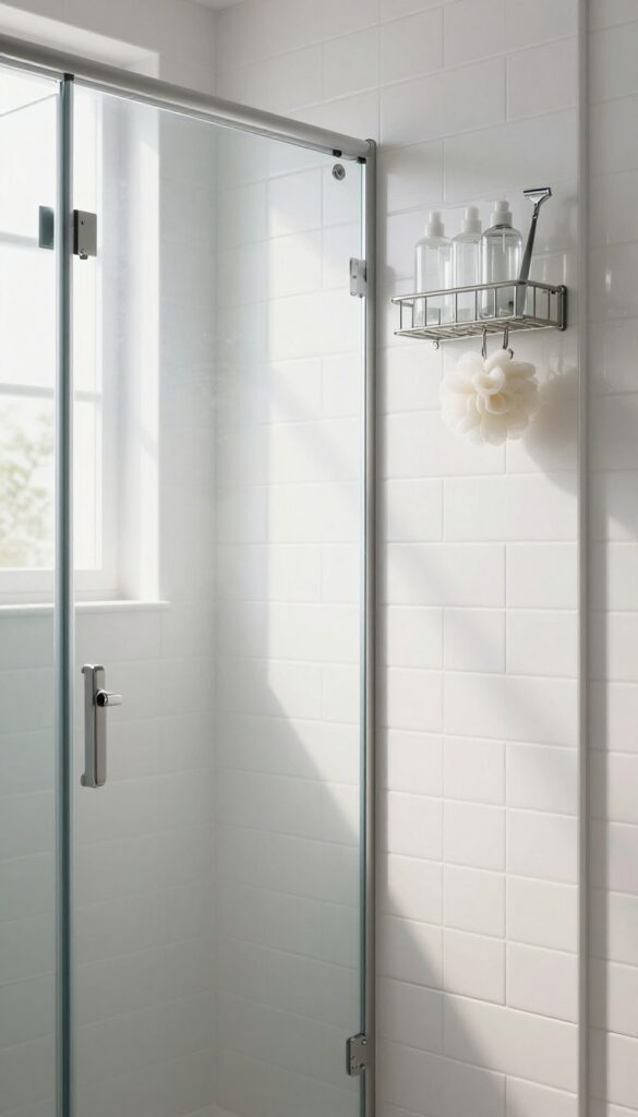 Tension rod caddy in a shower holding bottles and loofah