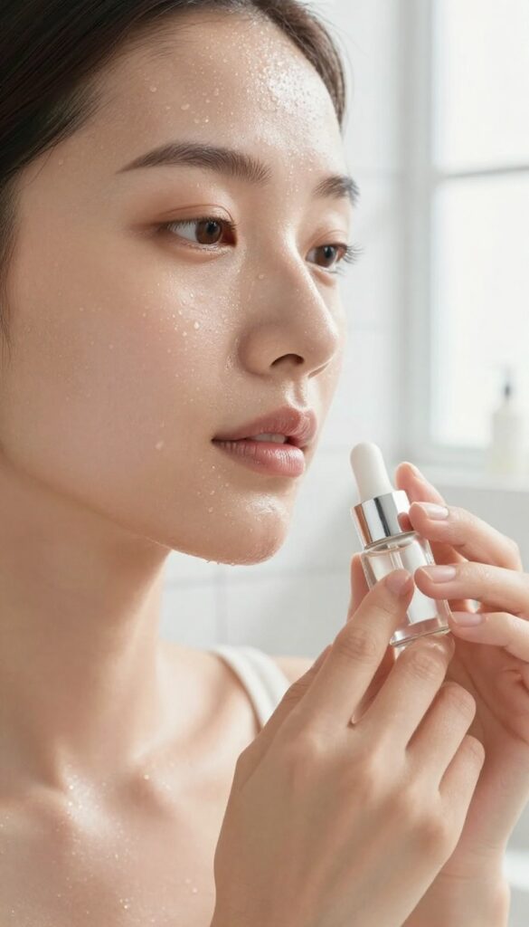 Woman applying serum to damp skin after shower, glowing complexion, natural light