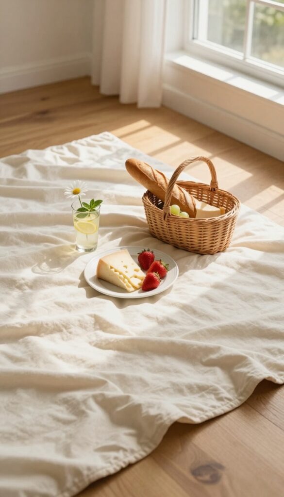 Cozy solo picnic setup on a blanket with cheese, fruit, and lemonade in natural light