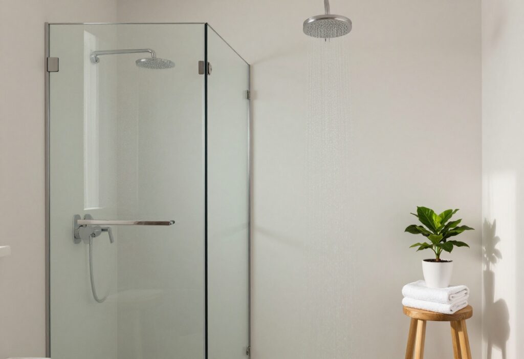 Modern bathroom with a rainfall showerhead and soft natural light