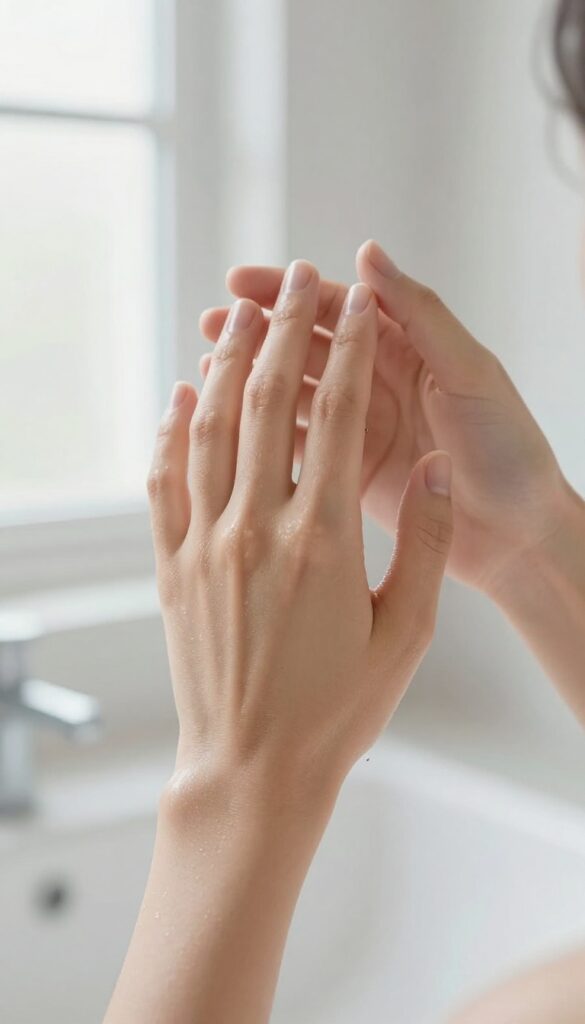Person touching their hair and skin after a shower, natural light, healthy glow, minimalist bathroom.