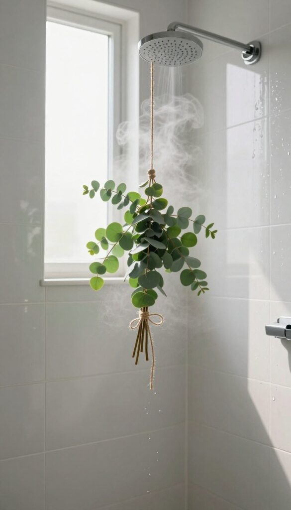 Fresh eucalyptus bundle hanging from a showerhead in a bright, steamy bathroom