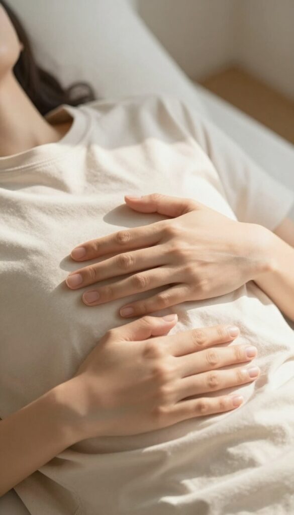Person practicing deep breathing in a sunlit room, hands on chest and abdomen, calm and relaxed.