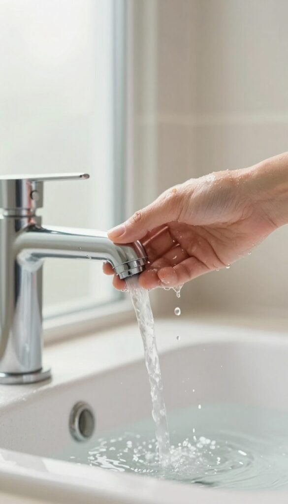 Person adjusting shower water temperature, lukewarm water flowing over skin, bright natural light, clean bathroom setting