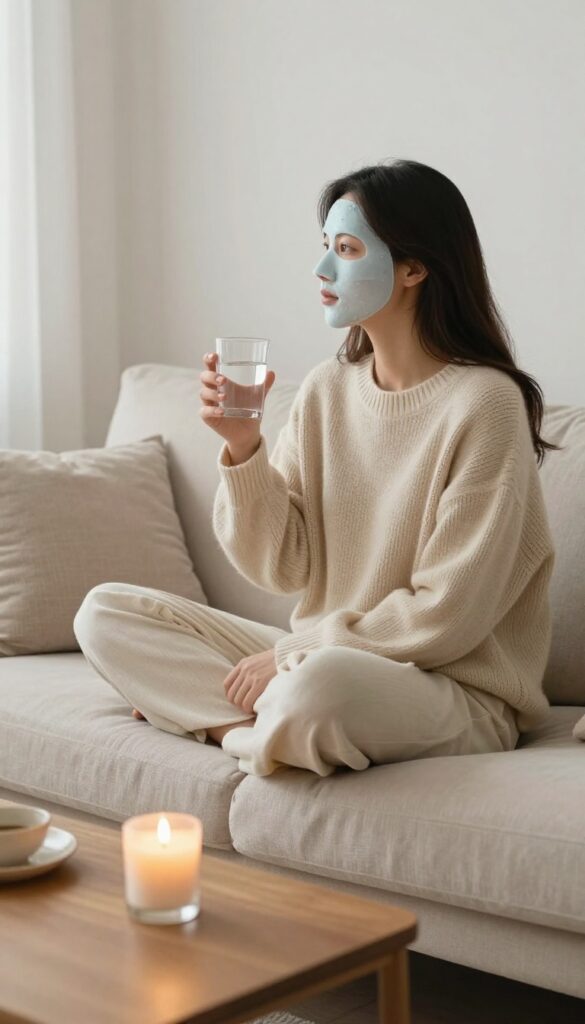 Woman in cozy sweater wearing a face mask, relaxing on sofa with candle and water, self-care ritual