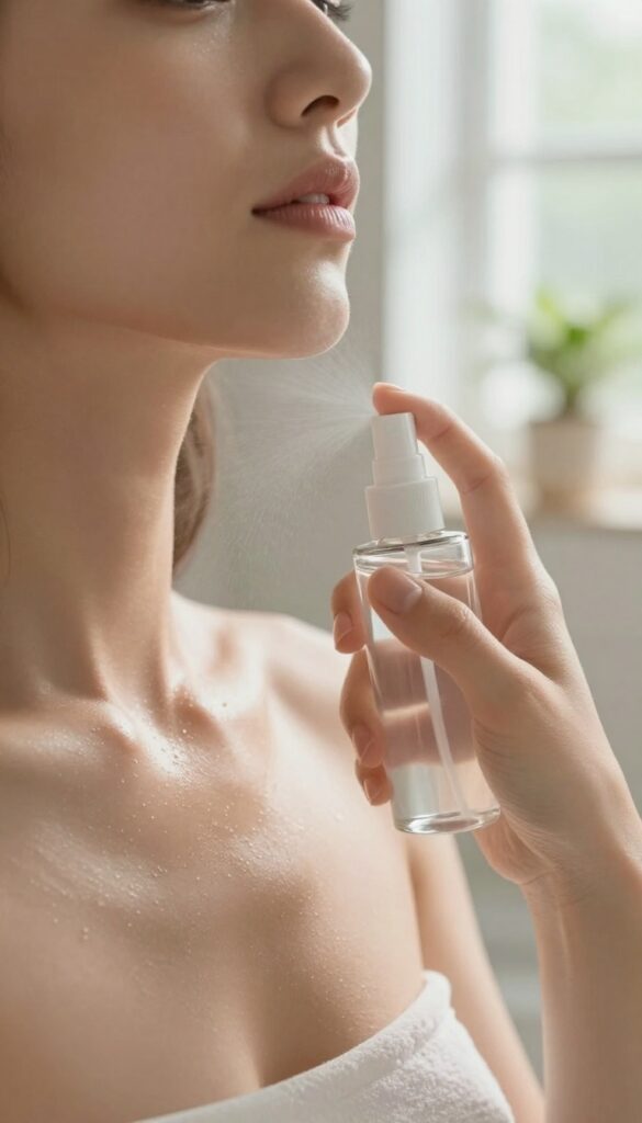 Woman applying scented body mist after shower