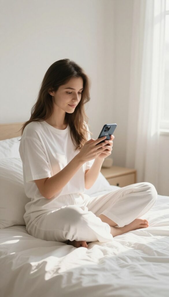 Young woman unfollowing social media accounts on her phone in a bright, cozy bedroom