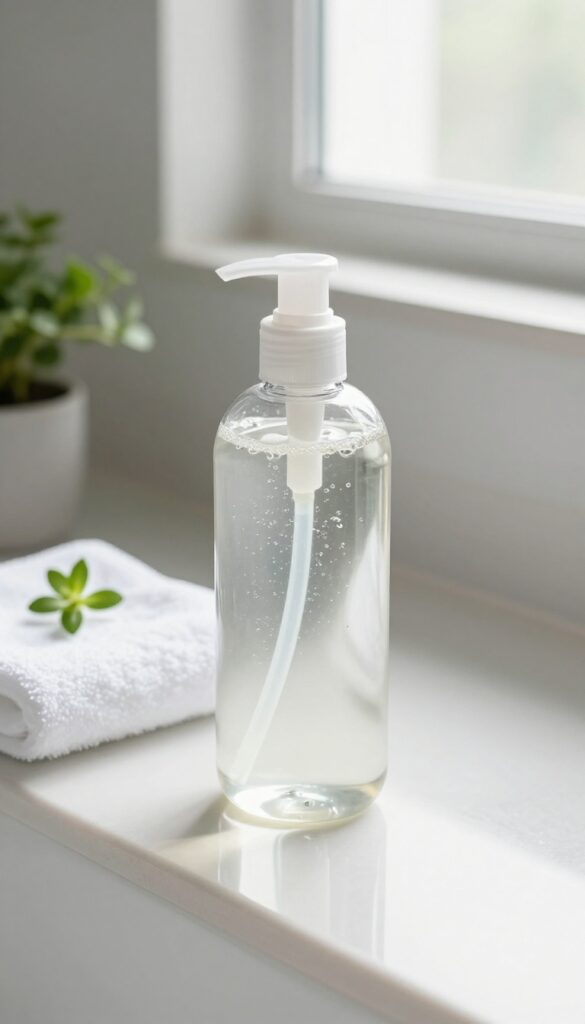 Clarifying shampoo bottle on bathroom counter with natural light