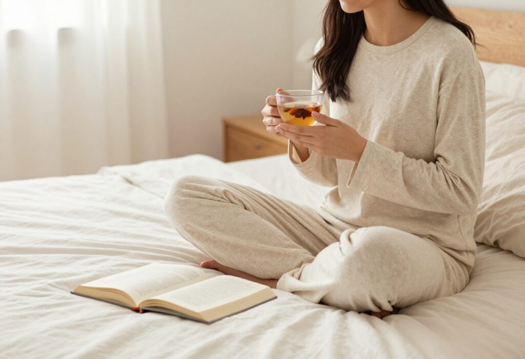 Person relaxing in bed with tea and book during a self-care night routine