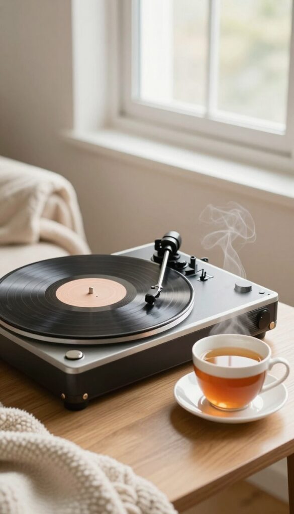 Vintage record player with spinning vinyl and a cup of tea in soft natural light, cozy wellness vibe