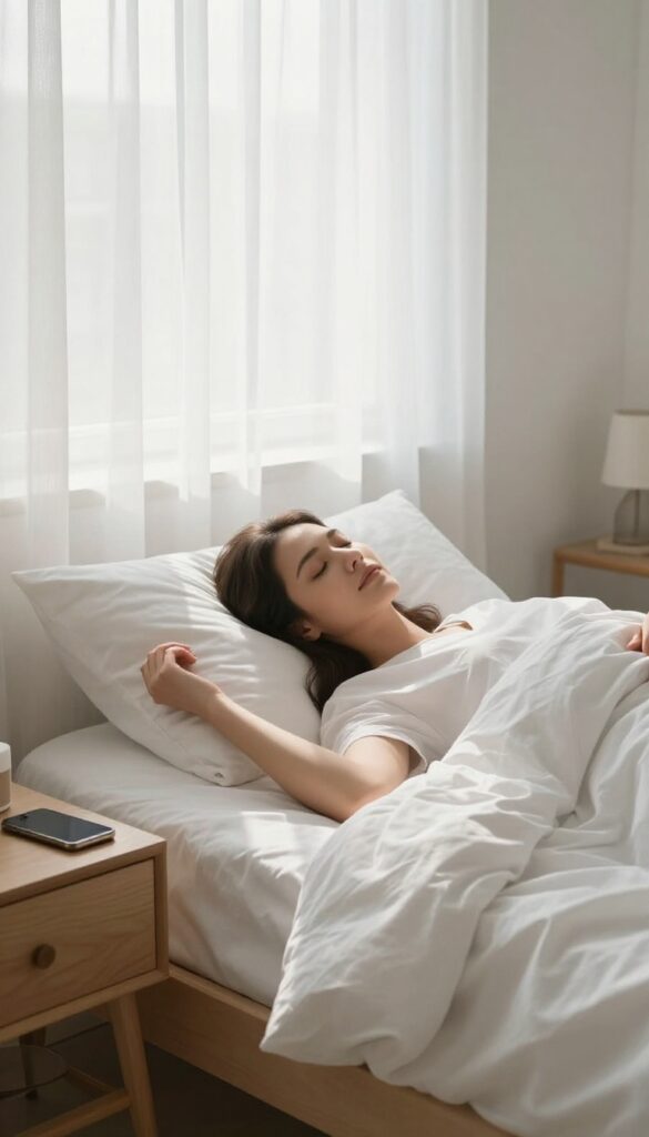 Woman waking up peacefully in bed without her phone, phone on distant nightstand, soft morning light