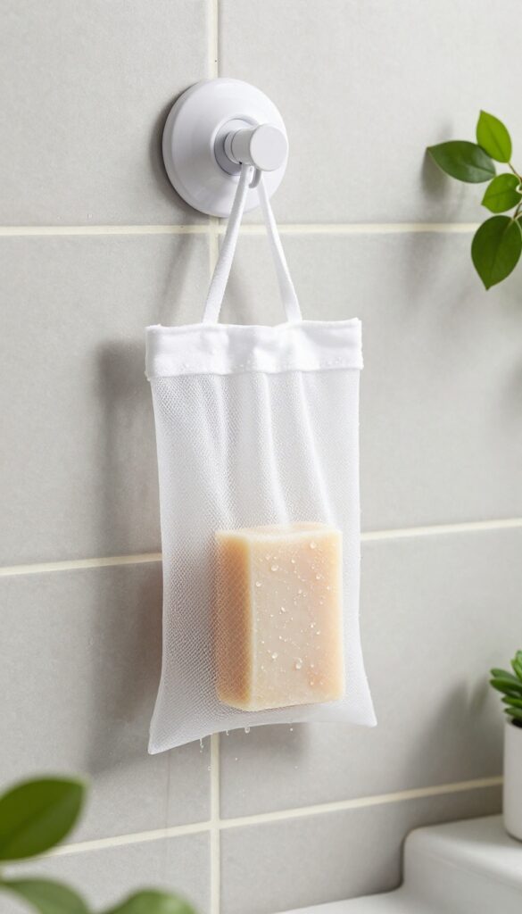 White mesh soap saver pouch hanging on a shower wall with a bar of soap inside, clean ledge, bright natural light.