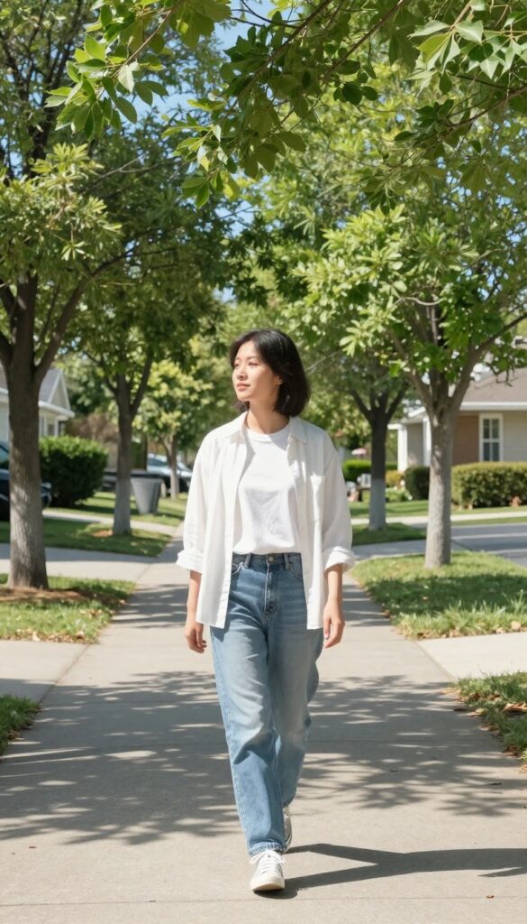 Person taking a 10-minute walk outside on a sunny day, surrounded by nature, feeling refreshed and calm.