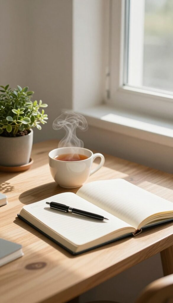 A journal on a desk with tea and a plant in warm sunlight