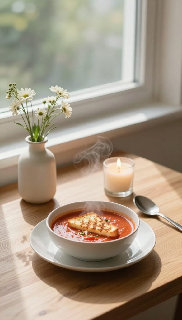 A nourishing meal setup with tomato soup and grilled cheese on a wooden table by a window with flowers and candle.