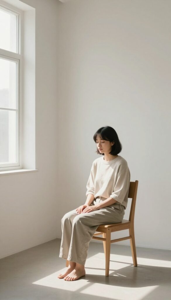 A person sitting still in a quiet, sunlit room, practicing doing nothing for 10 minutes as a self-care activity during a digital detox.