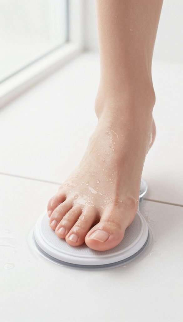 Foot scrubber on shower floor with wet foot exfoliating, soft natural light