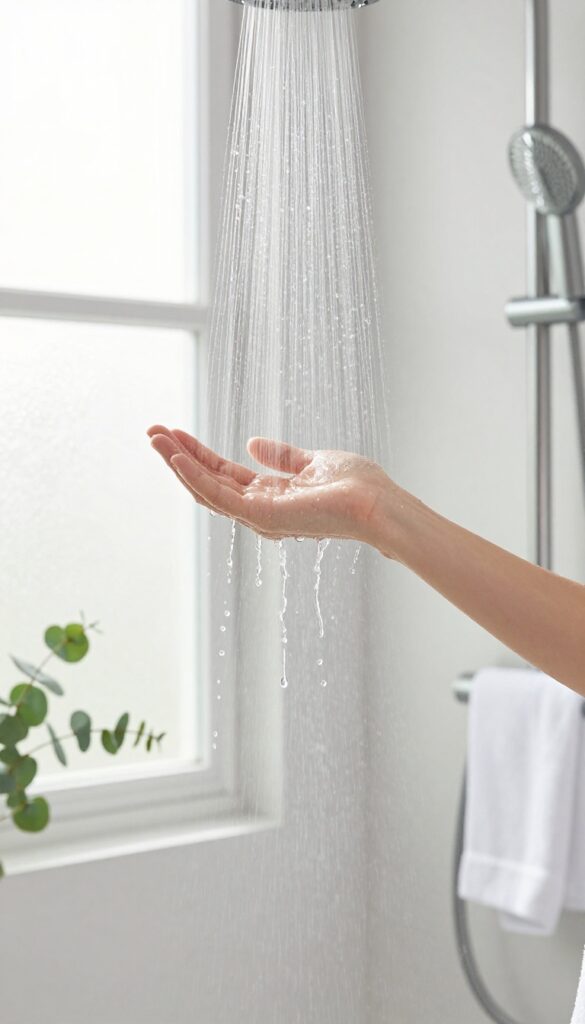 Person rinsing with cool water in a bright, serene bathroom shower for an energy boost