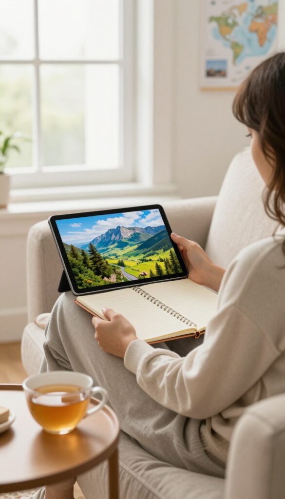 Person planning a future adventure on a tablet while relaxing on a couch
