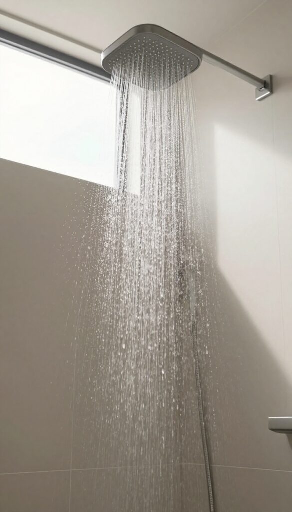 High-pressure rainfall showerhead in a bright, minimalist bathroom with water cascading down