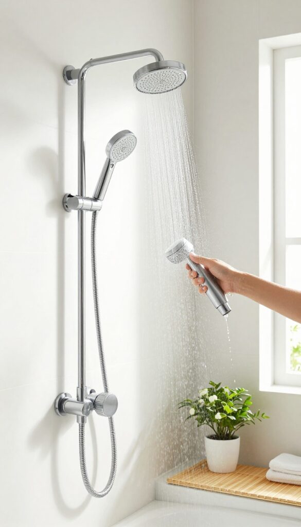 Handheld showerhead rinsing a plant in a bright bathroom
